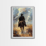 Lone Cowboy on Horse in Wilderness - Framed Canvas Print, Western Art, Rustic Decor, Living Room Wall Art, Cowboy Themed Art