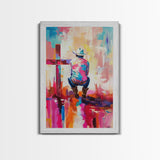 Abstract Cowboy with Cross in Bold Hues - Framed Canvas Print, Modern Western Decor, Vibrant Cowboy Wall Art for Living Room or Bedroom