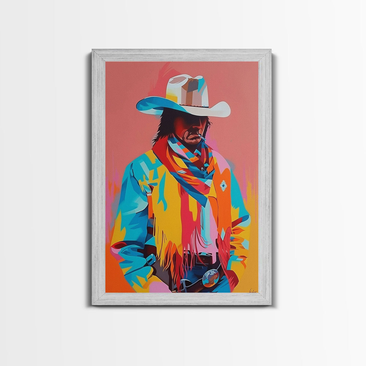 Modern Cowboy with Scarf and Hat - Framed Canvas Print, Vibrant Western Art, Contemporary Cowboy Wall Art for Home Decor