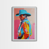 Profile of Stylish Cowboy in Hat - Framed Canvas Print, Colorful Western Art, Bold Cowboy Wall Art for Living Room