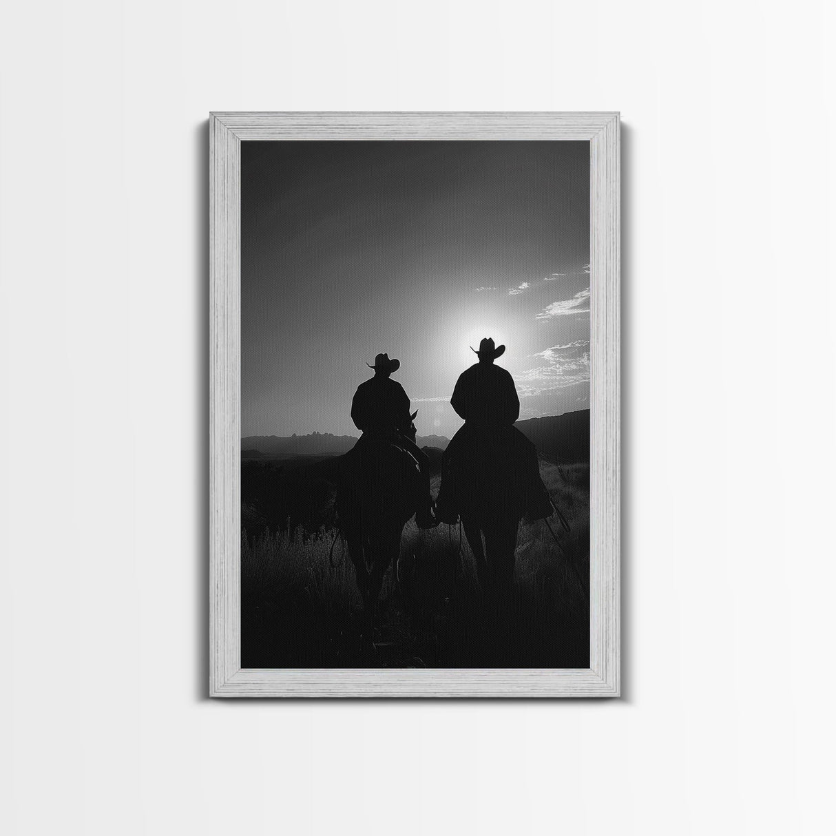 Silhouetted Cowboys on Horseback Riding into the Sunset for Western Wall Art, Canvas Prints, Home Decor, Living Room Art, Bedroom Art