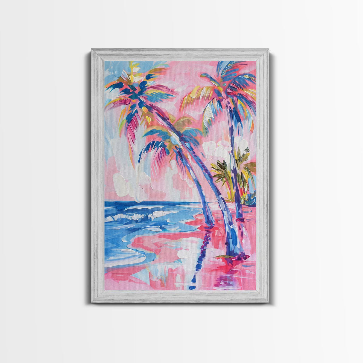 Vibrant Palm Trees and Ocean Waves in Abstract Style - Framed Canvas Print, Coastal Wall Art, Tropical Beach Decor for Living Room