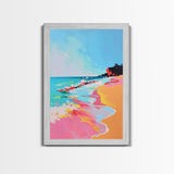 Dynamic Waves Crashing on Vibrant Beach - Framed Canvas Print, Coastal Wall Art, Ocean Vibes Decor for Living Room