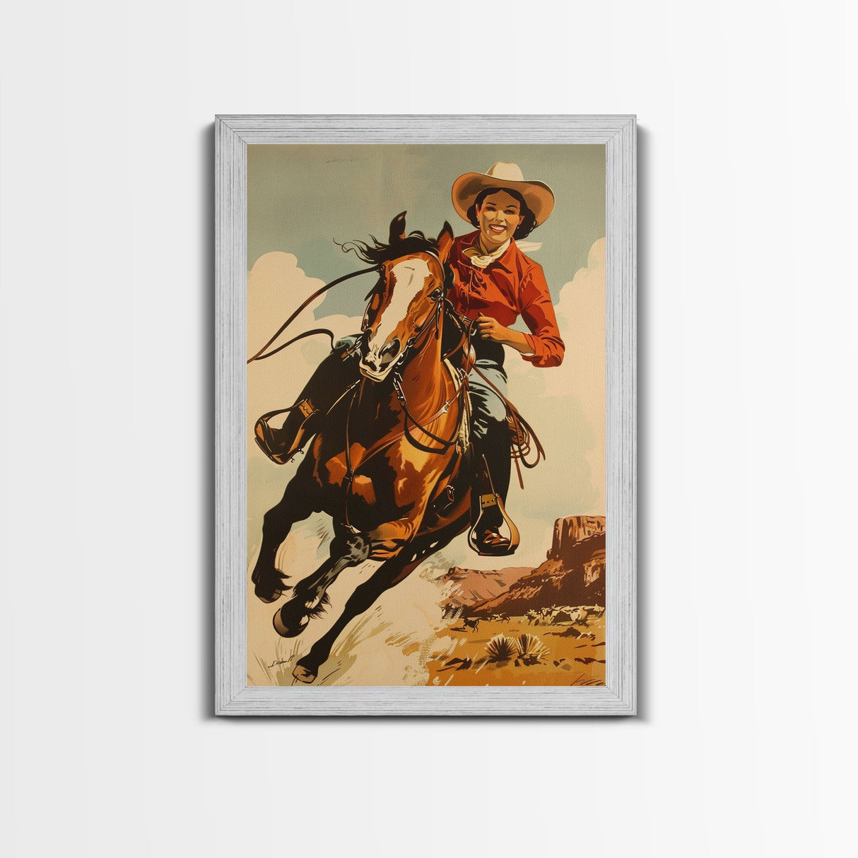 Vibrant Cowgirl Riding a Horse in Western Landscape | Framed Canvas Print | Western Wall Art | Living Room Decor | Rustic Home Decor