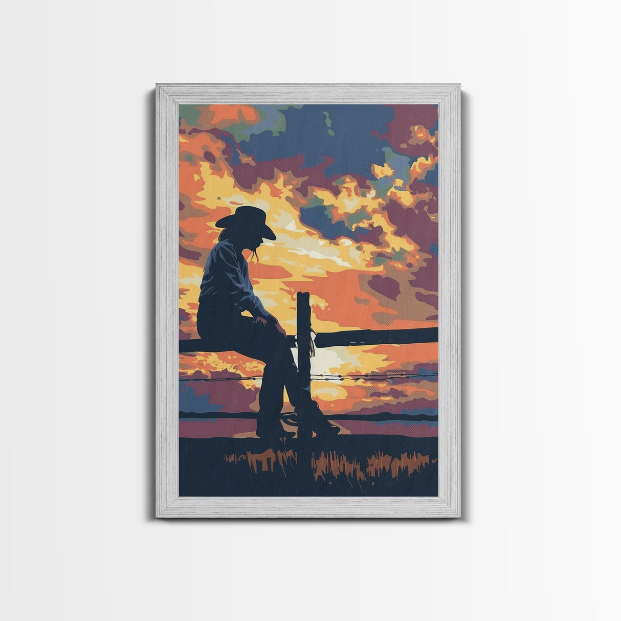 Silhouette of Cowboy at Sunset Framed Canvas Print - Vibrant Western Decor, Stunning Wall Art for Living Room, Bedroom