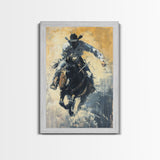 Western Cowboy Riding a Bucking Horse - Framed Canvas Print, Cowboy Wall Art, Rustic Decor, Living Room and Bedroom Art Print