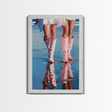 The Beach Cowgirls pink cowboy boots on a beach, artistic reflection Framed Canvas Print - beach decor, fashion art, summer vibes