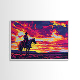 Pop Art Sunset Cowboy Painting Framed Canvas Print, Wild West Wall Art, Cowboy Print, Western Decor, Kitsch Whimsical Art