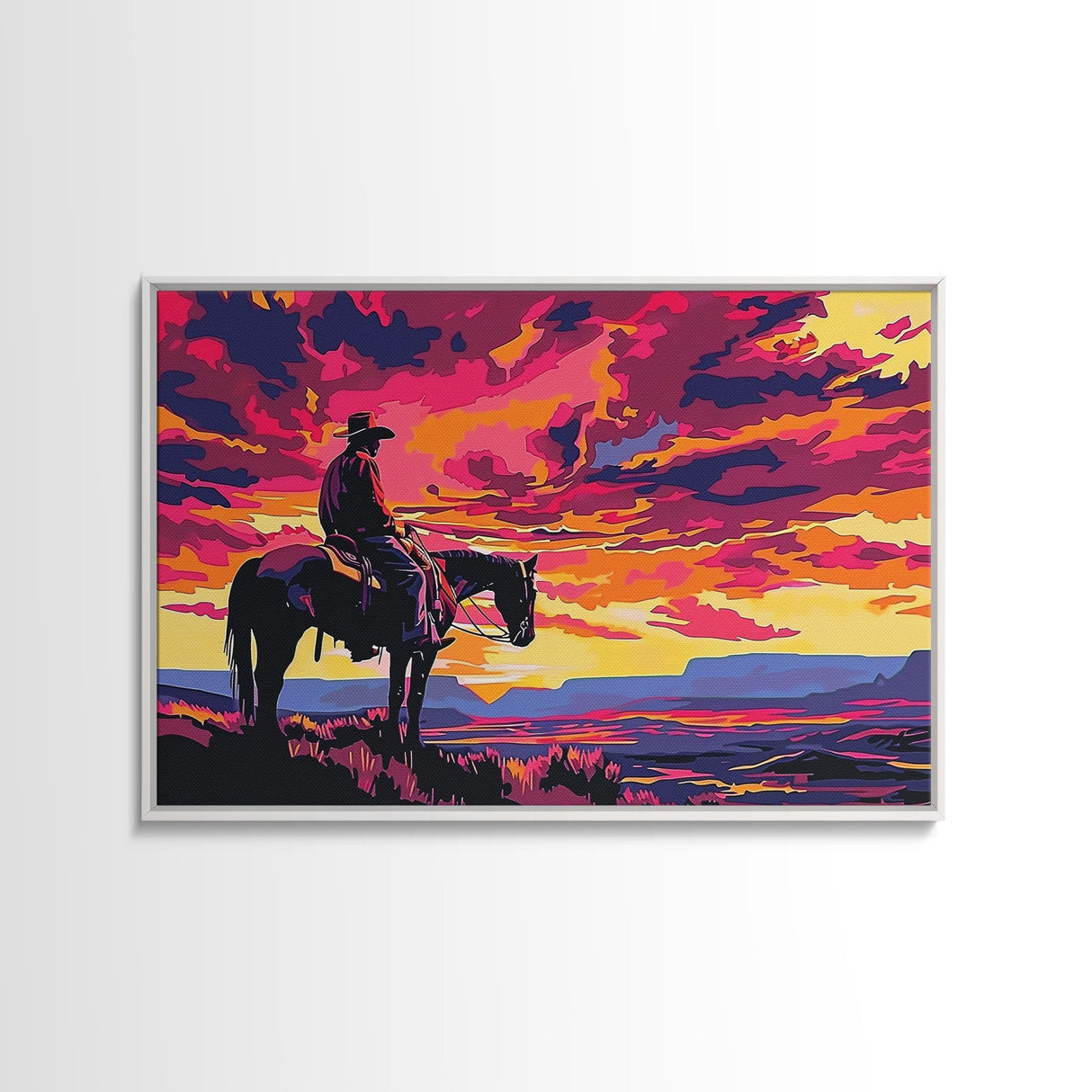 Wild West Cowboy At Sunset Framed Canvas Print, Pop Art, Watercolor Painting, Room Decor Western Aesthetic