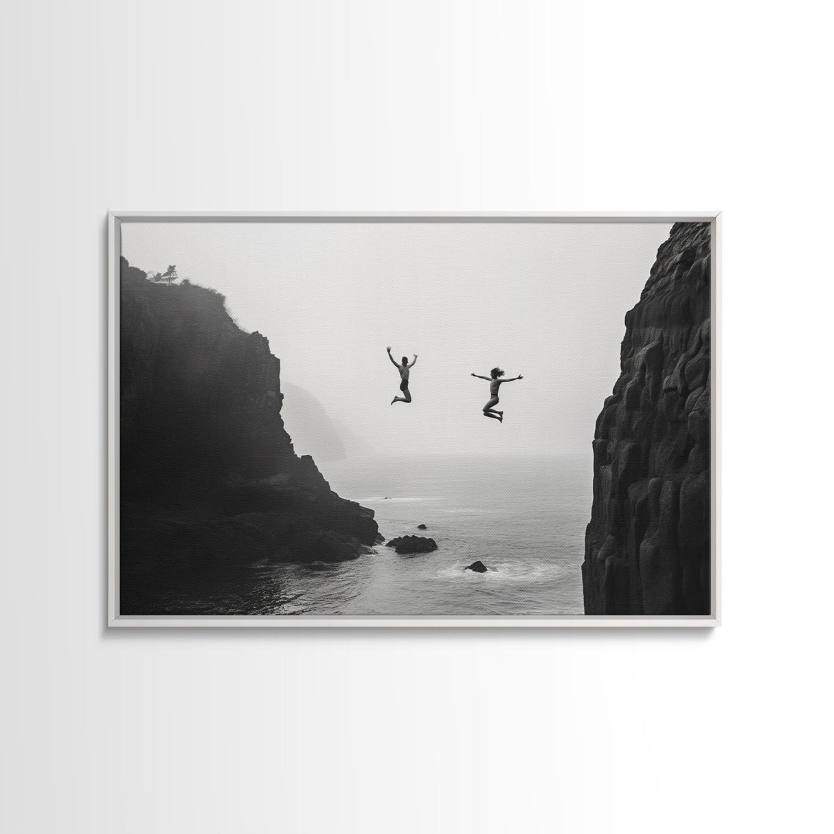 The Dive - Fine Art Black and White Print - Wood Framed Canvas or Metal Print - Cliff Diving In The Ocean - Lifestyle Minimalist Home Decor