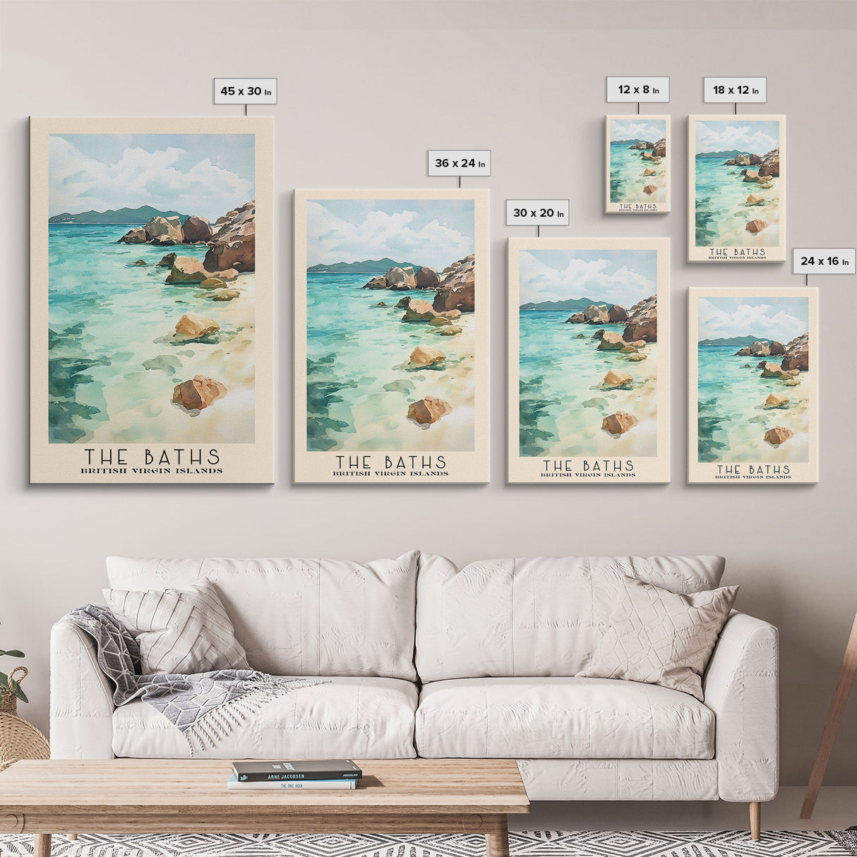 The Baths, British Virgin Islands Watercolor Beach Print, Vacation Gift, British Virgin Islands Wall Art, Framed Canvas Print, Framed Beach Painting