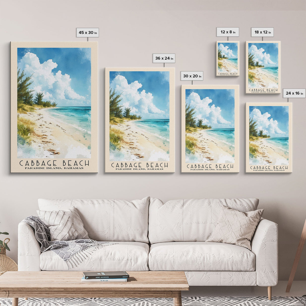 Cabbage Beach, Paradise Island, Bahamas Watercolor Beach Print, Vacation Gift, Paradise Island, Bahamas Wall Art, Framed Canvas Print, Framed Beach Painting