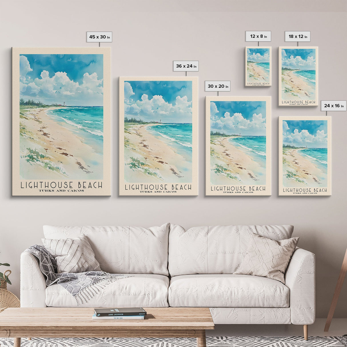 Lighthouse Beach, Turks and Caicos Watercolor Beach Print, Vacation Gift, Turks and Caicos Wall Art, Framed Canvas Print, Framed Beach Painting