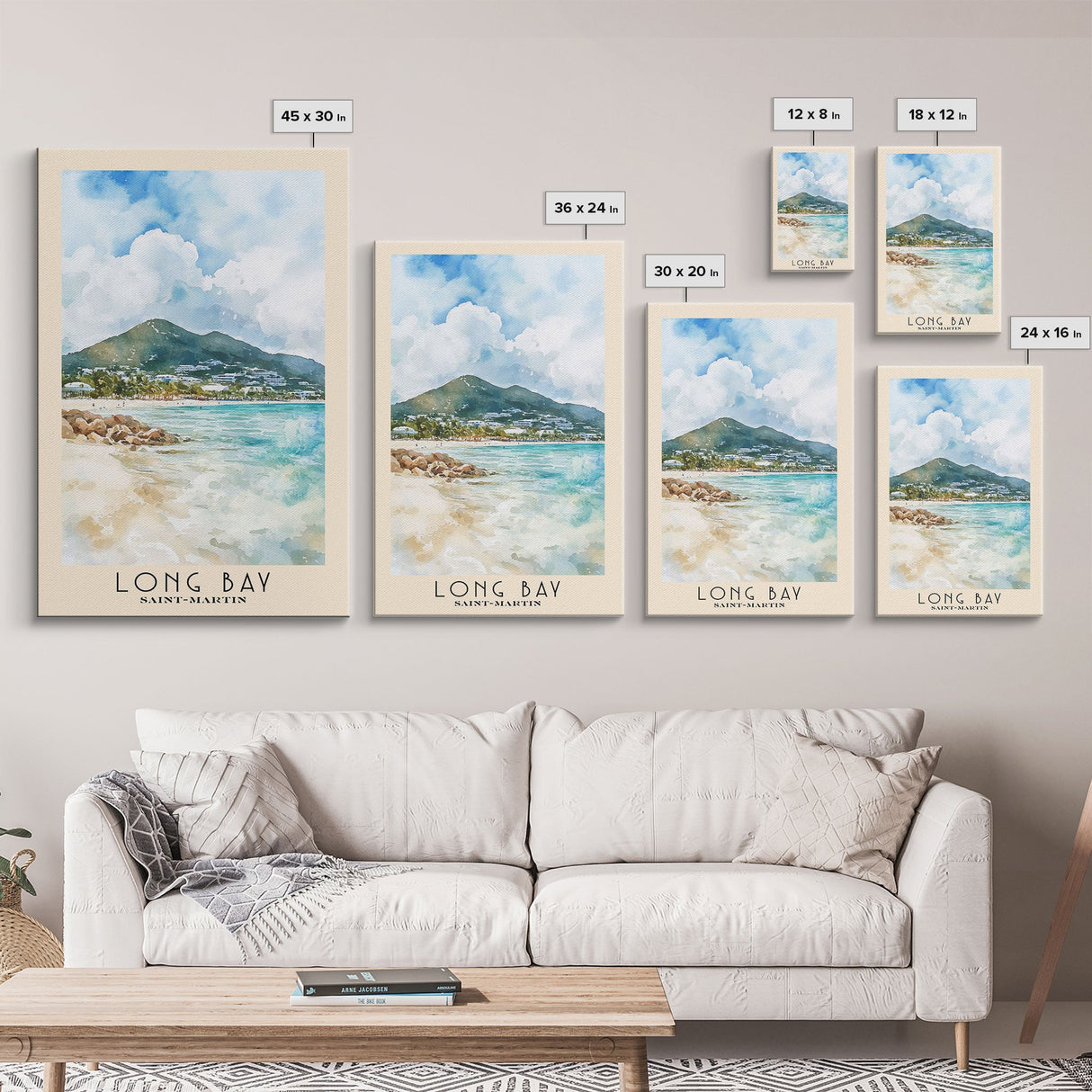 Long Bay, Saint-Martin Watercolor Print, Vacation Gift, Saint-Martin Wall Art, Beach Painting, Beach Decor, Large Wall Art, Wood Frame Art