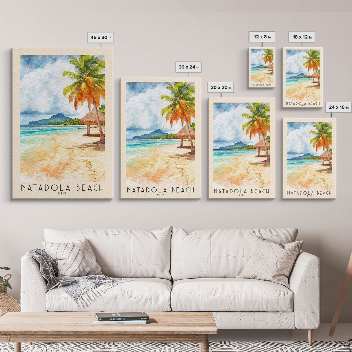 Natadola Beach, Fiji Watercolor Beach Print, Vacation Gift, Fiji Wall Art, Framed Canvas Print, Framed Beach Painting