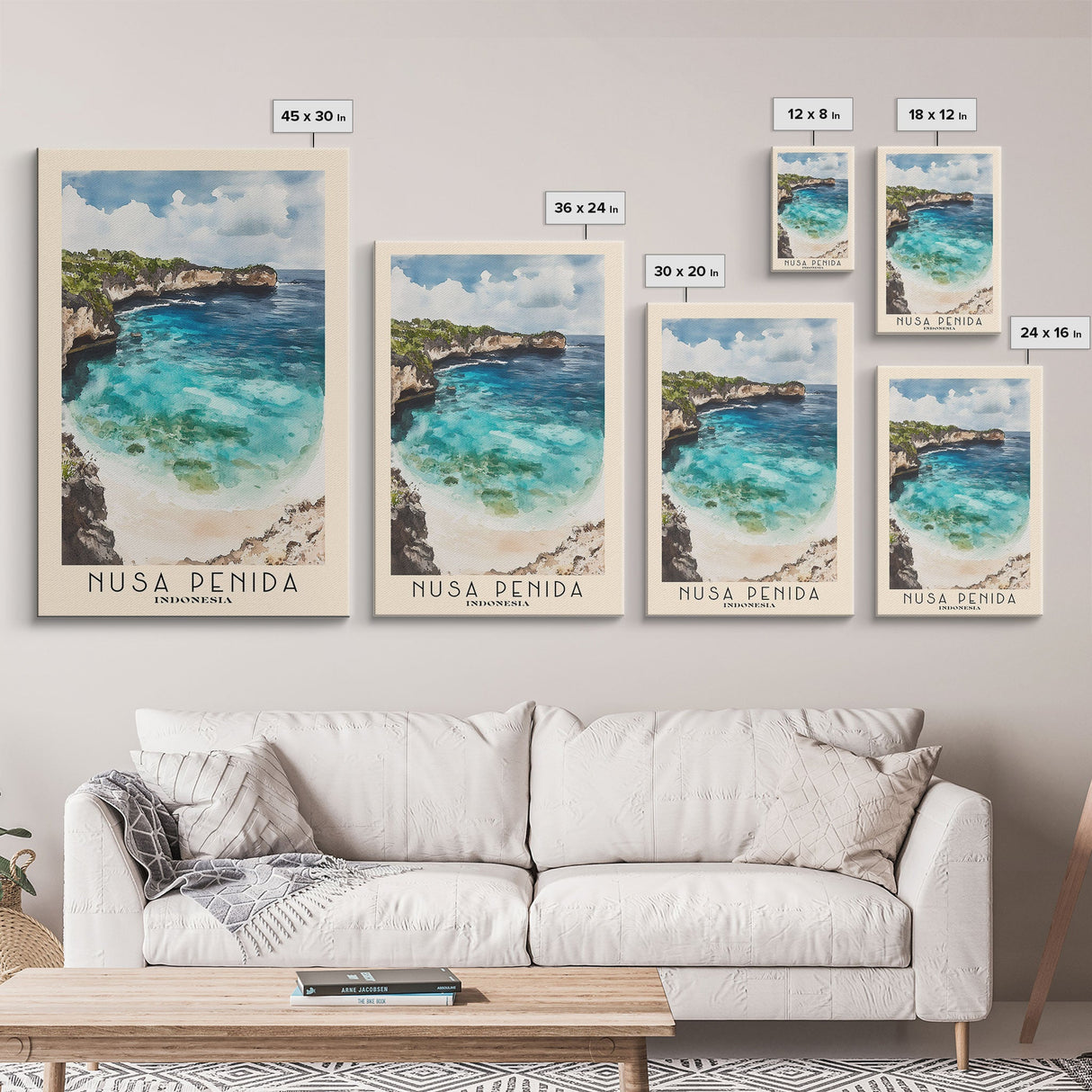 Nusa Penida, Indonesia Watercolor Beach Print, Vacation Gift, Indonesia Wall Art, Framed Canvas Print, Framed Beach Painting