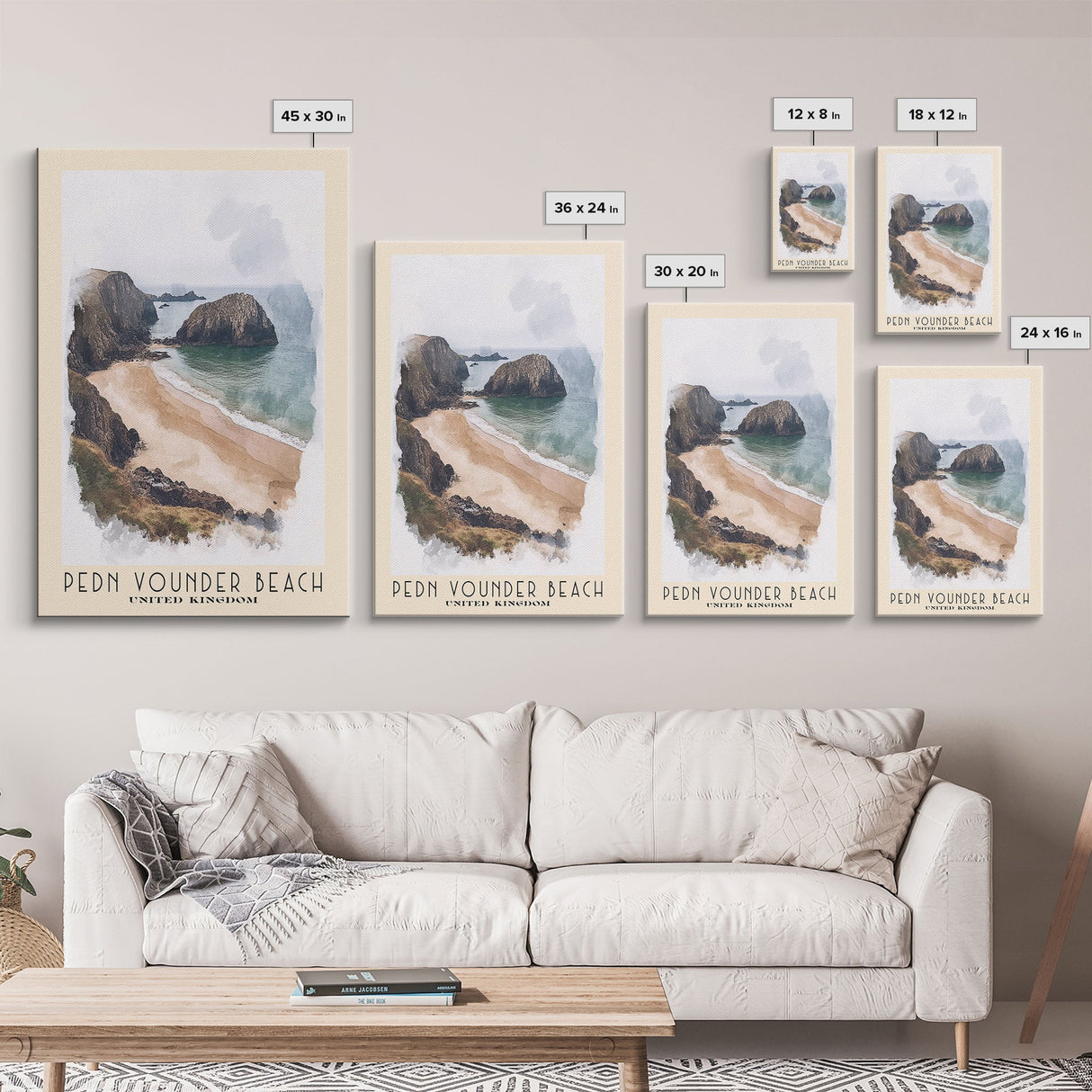 Pedn Vounder Beach, United Kingdom Watercolor Beach Print, Vacation Gift, United Kingdom Wall Art, Framed Canvas Print, Framed Beach Painting