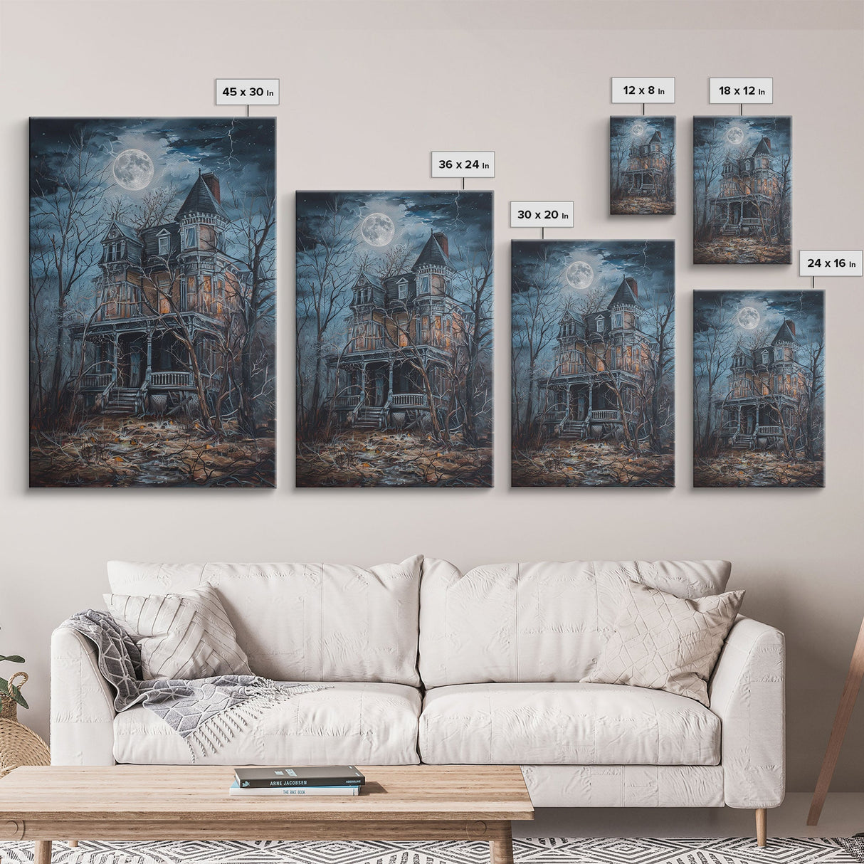 Abandoned House Under Moon Full Halloween Art, Spooky Mansion, Haunted Home, Creepy Decor, Gothic Artwork, Framed Canvas Print