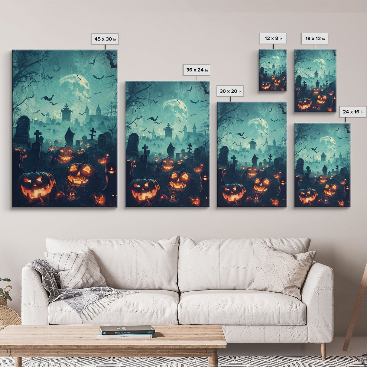 Bats and Jack-O-Lanterns Framed Canvas Print, Halloween Wall Art, Haunted Graveyard, Home Decor, Spooky Art, Living Room Decor, Gothic Art