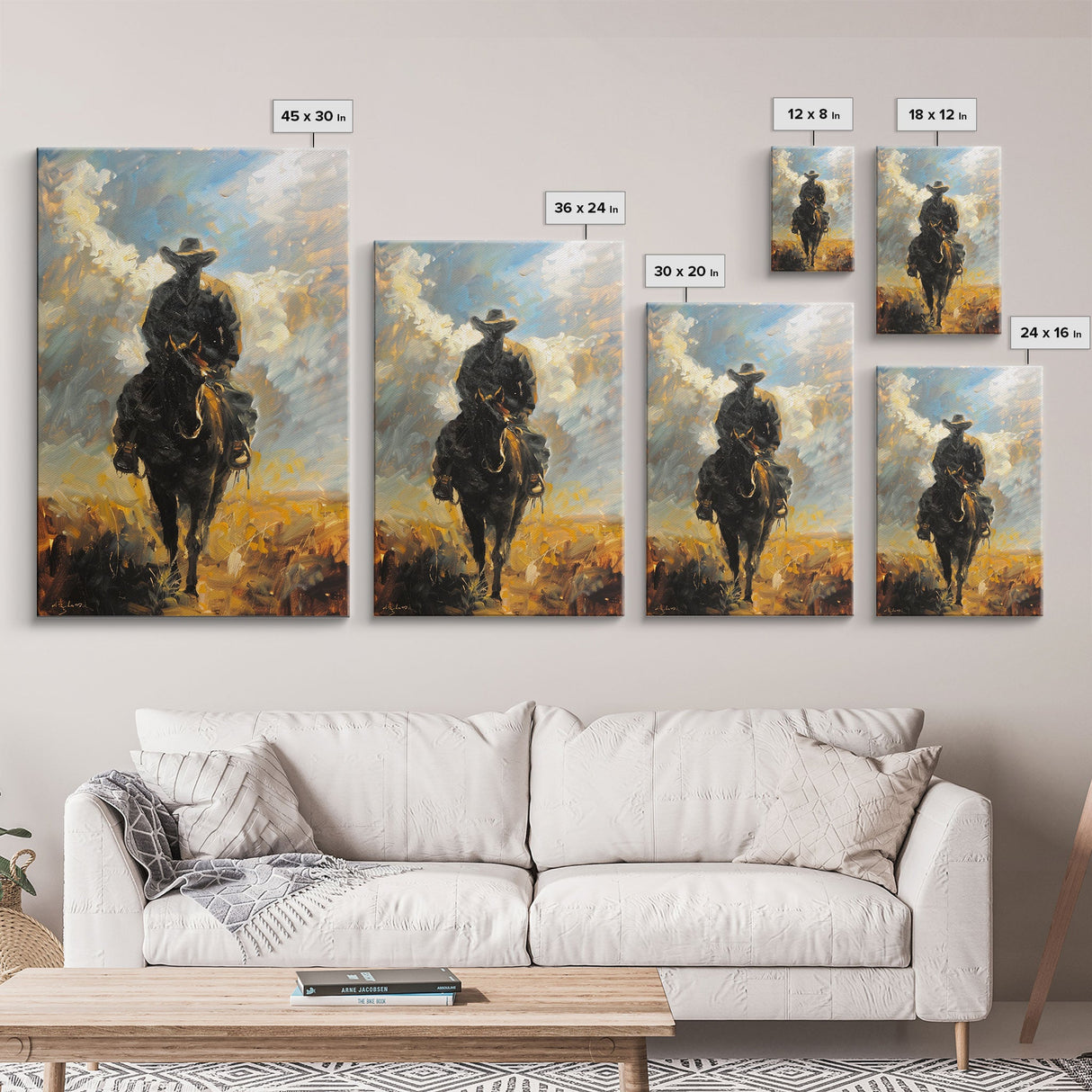 Silhouette of Cowboy on Horseback at Dusk - Framed Canvas Print, Western Art, Rustic Decor, Living Room Wall Art, Cowboy Themed Art