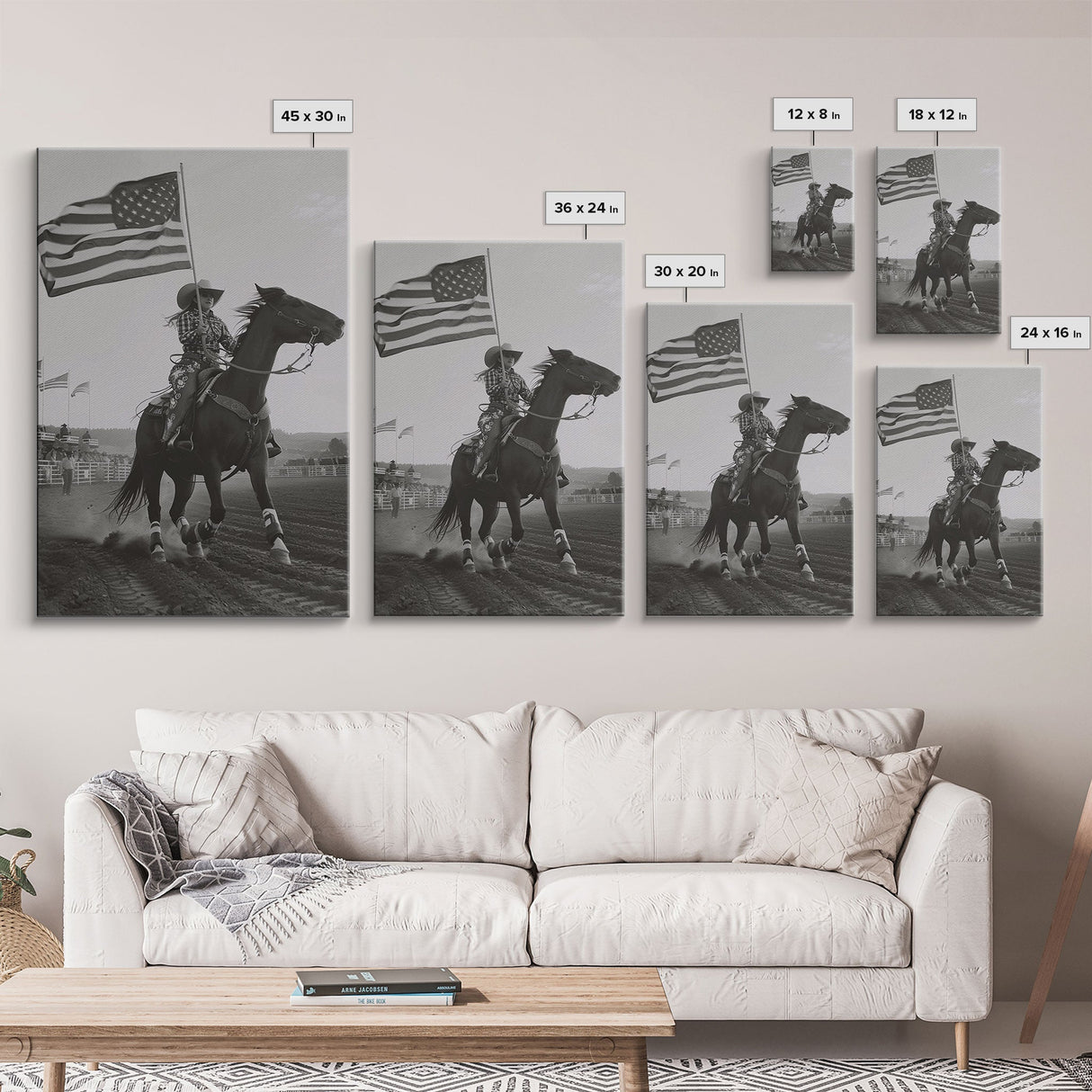 Patriotic Cowgirl with Flag Art Print, Western Rodeo Framed Canvas, Vintage Black and White Photography, Unique Wall Art