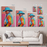 Profile of Stylish Cowboy in Hat - Framed Canvas Print, Colorful Western Art, Bold Cowboy Wall Art for Living Room