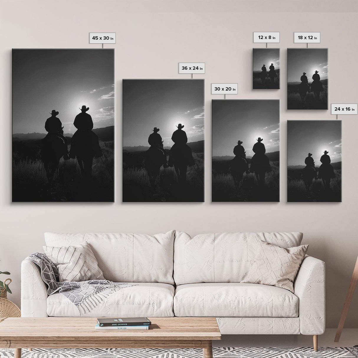 Silhouetted Cowboys on Horseback Riding into the Sunset for Western Wall Art, Canvas Prints, Home Decor, Living Room Art, Bedroom Art