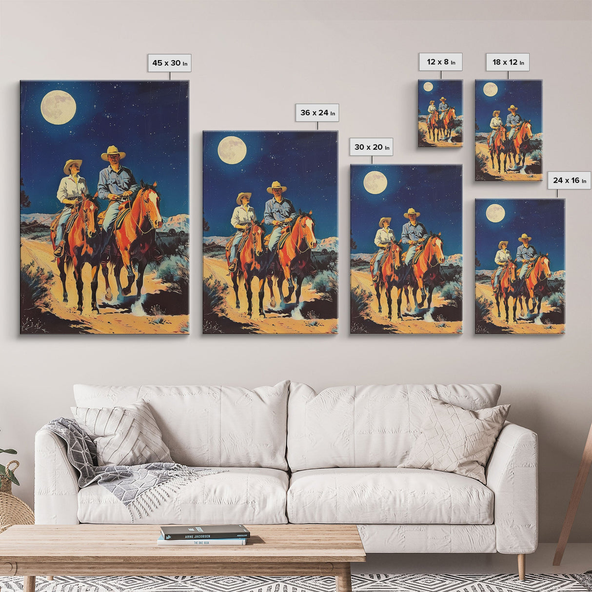 Western Cowboys Riding Horses Under Moonlight - Rustic Night Sky Wall Art, Cowboy Painting, Living Room Decor, Western Canvas