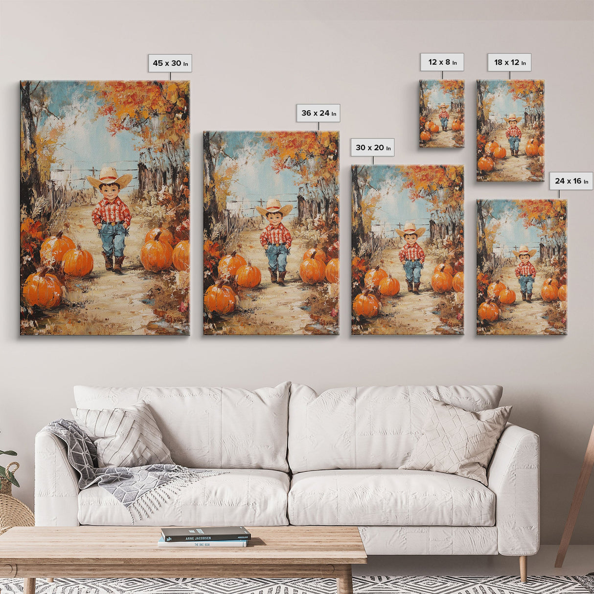 Autumn Cowboy Decor Canvas Print with Pumpkins, Fall Holiday Wall Art and Seasonal Gift Idea 2024