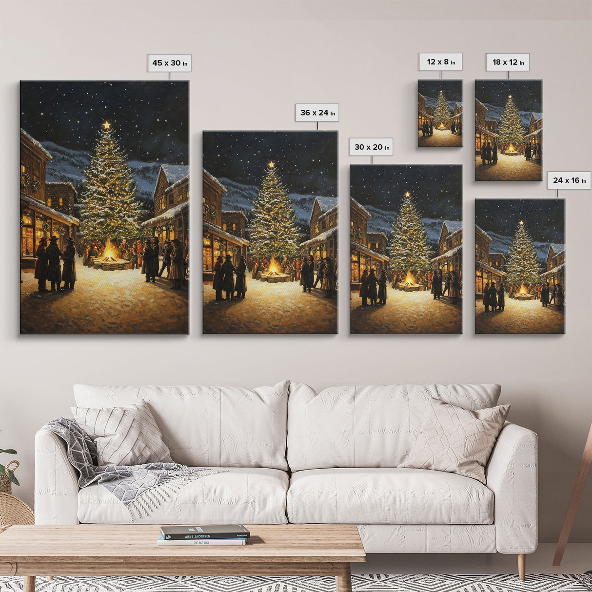 Western Christmas Town Gathering Framed Canvas Print, Cowboy Christmas Eve by the Bonfire Tree, Festive Winter Wall Art Rustic Holiday Decor