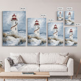 Snowy lighthouse wrapped with festive garland, Framed Canvas Print, beach Christmas decor, holiday wall art perfect for coastal homes