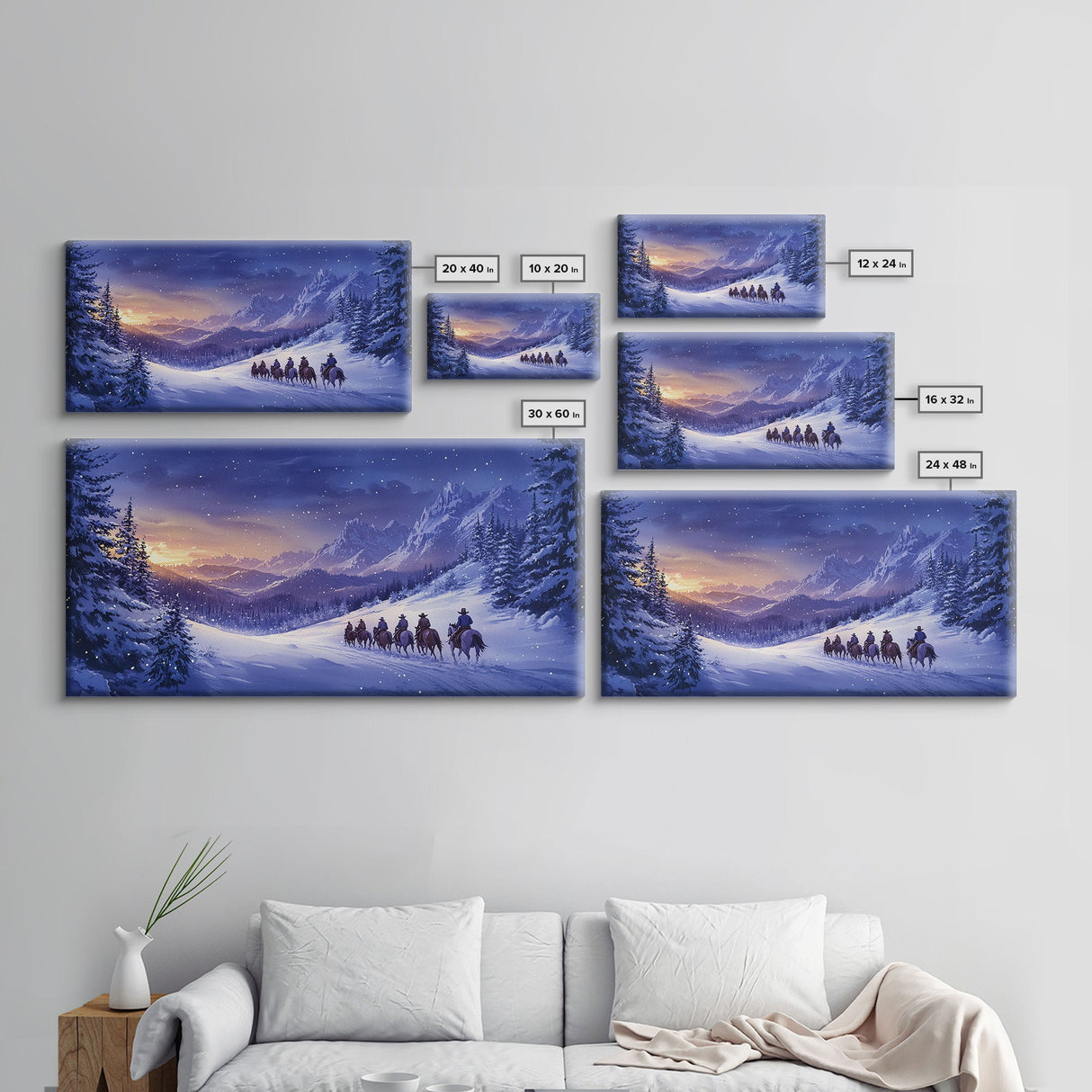 Winter Wonderland Cowboy Canvas Print, Snowy Mountain Landscape Art, Rustic Christmas Decor, and Holiday Western Themed Wall Art