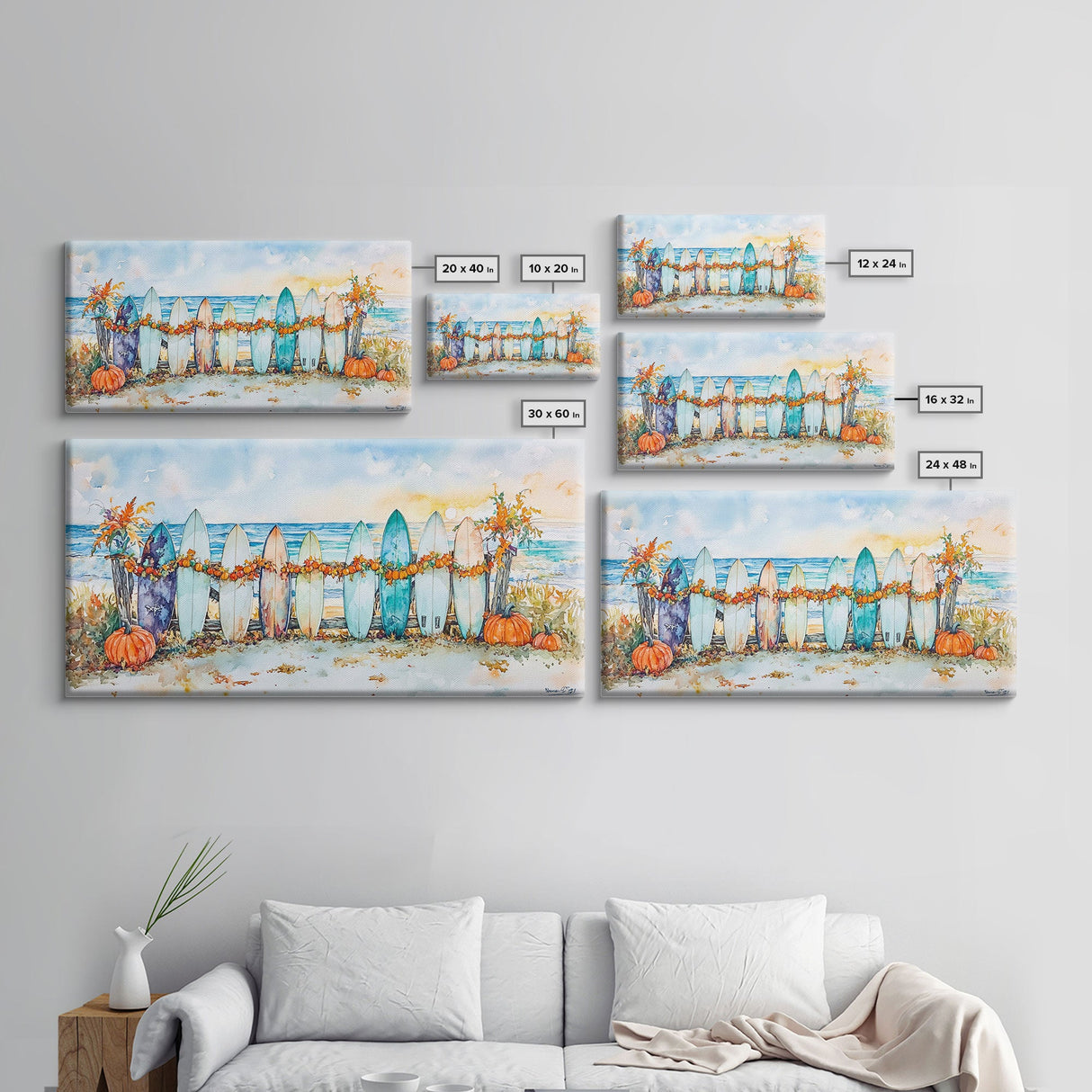 Framed Canvas Print Beach Scene with Surfboards and Pumpkins, Fall Beach Decor, Autumn Coastal Wall Art, Perfect Fall Beach Theme