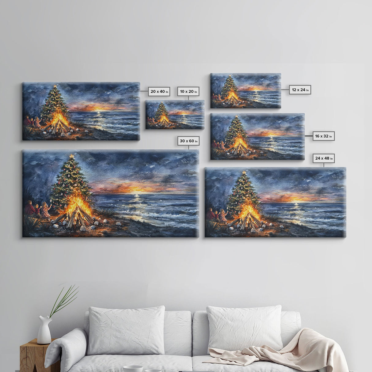 Beach Christmas decor with bonfire, sunset coastal holiday wall art, Christmas tree print, festive coastal art gift, framed canvas print