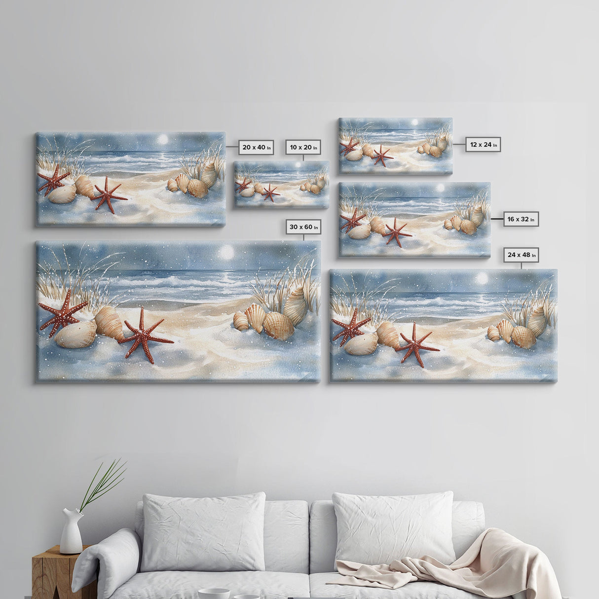 Snow-Covered Beach with Shells and Starfish, Framed Canvas Print, Coastal Holiday Decor, Nautical Christmas Art, Beach Christmas Art Gift