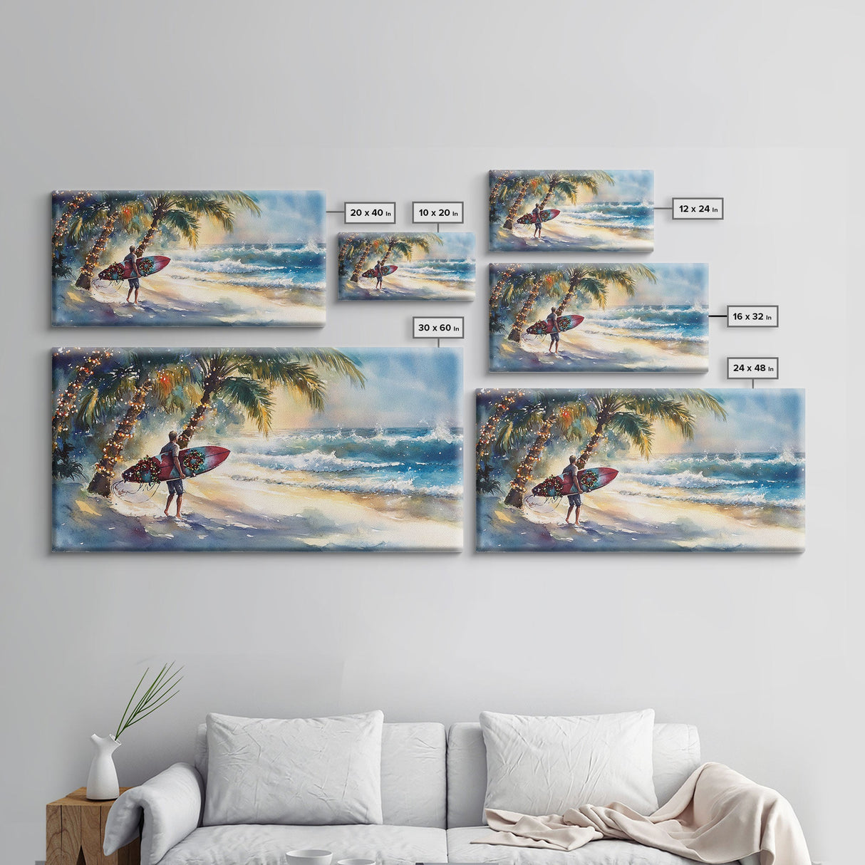 Surfer Christmas Tropical Canvas Print | Beach Christmas Art | 2024 Holiday Wall Art | Tropical Christmas Home Decor Gift Idea Coastal Decor