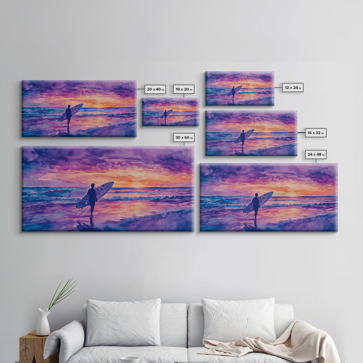 Surfing Beach Sunset Canvas Print | Purple Hues Coastal Decor | Framed Wall Art Christmas Beach Scene | 2024 Holiday Decor Christmas Gift