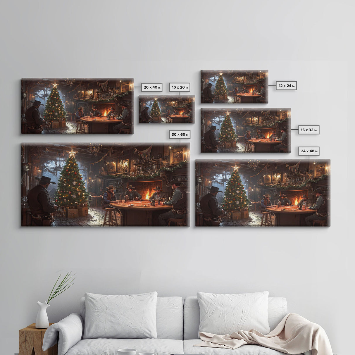 Western Saloon Christmas Framed Canvas Print, Rustic Holiday Decor with Cowboys and Christmas Tree, Best Gift Idea Seasonal Holiday Art