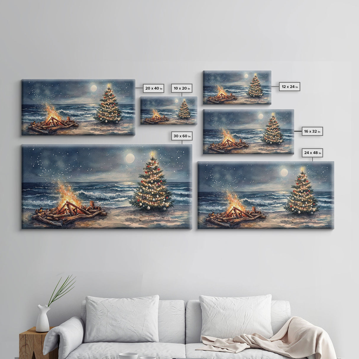 Cozy Bonfire On Beach With Christmas Tree Framed Canvas Print, Nighttime Winter Beach Holiday Wall Art And Coastal Decor