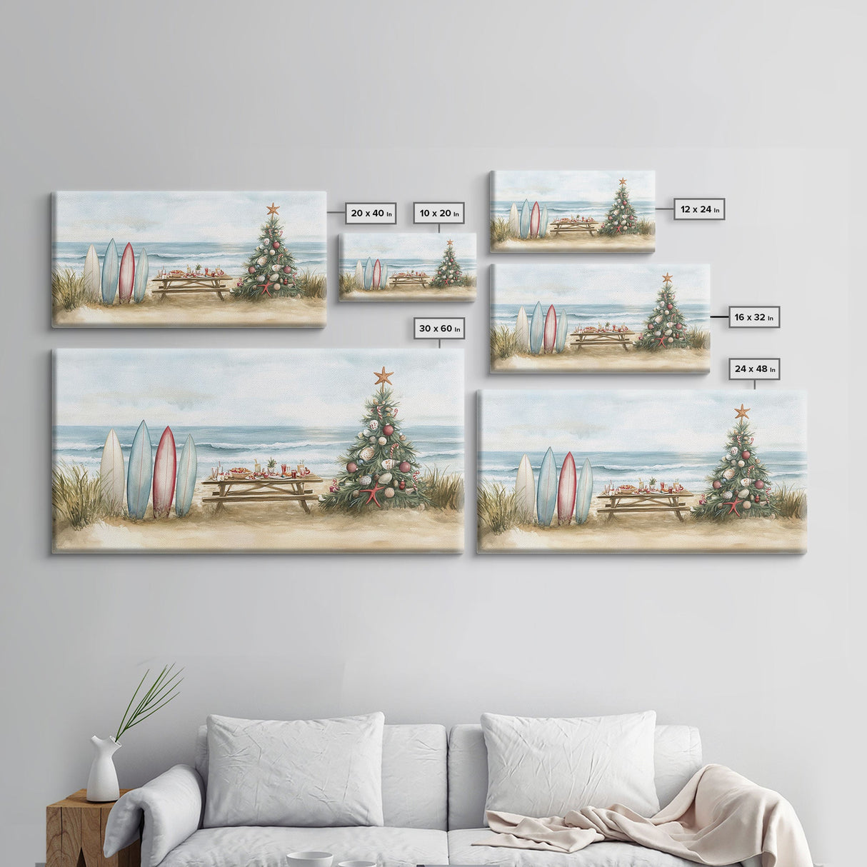 Surfboards and decorated tree on the beach, framed canvas print perfect coastal Christmas vacation decor holiday wall art