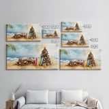 Christmas family picnic by the beach with surfboards and tree, framed canvas print tropical coastal holiday beach Christmas decor