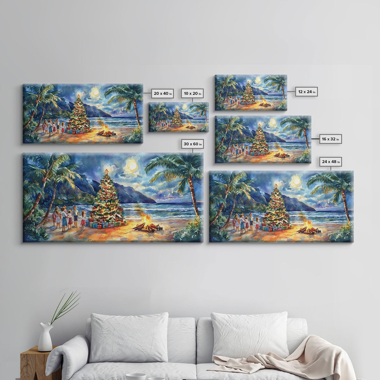 Hawaiian Christmas beach scene with bonfire and tree, framed canvas print perfect tropical holiday coastal decor wall art