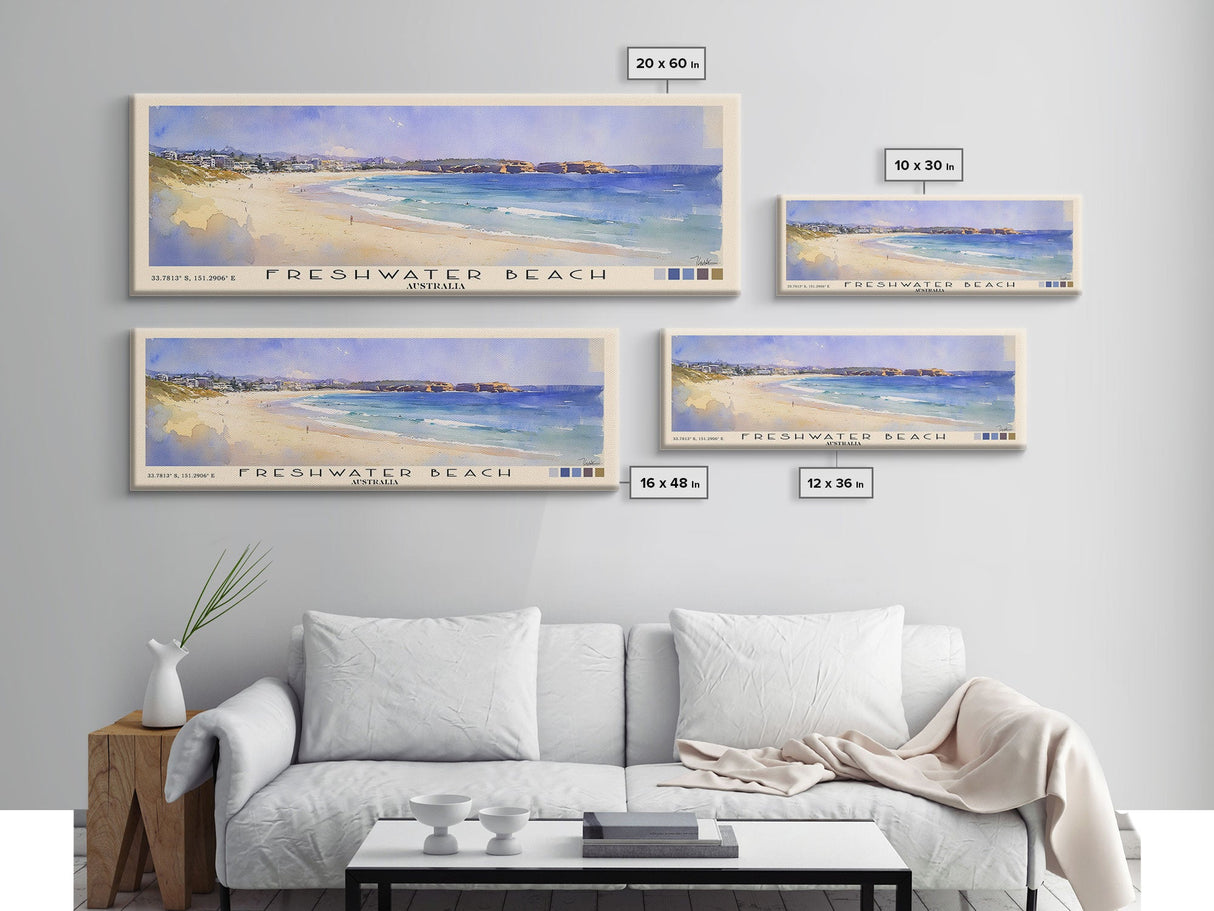 Freshwater Beach, Australia Watercolor Beach Print, Vacation Gift, Australia Wall Art, Framed Canvas Print, Framed Beach Painting