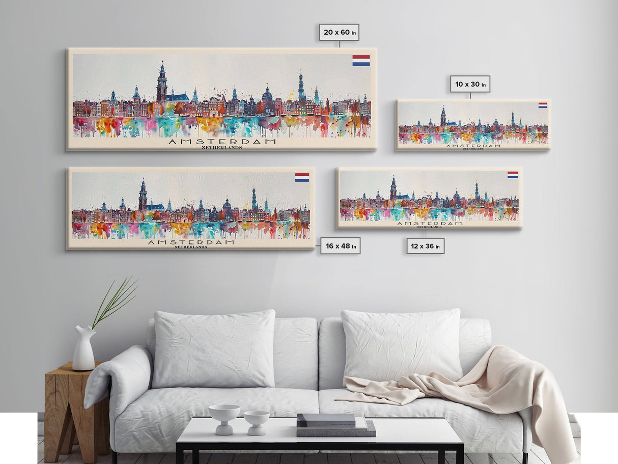 Amsterdam Netherlands Travel Art, City Art, Framed Canvas Print or Metal Wall Art, Europe Travel Poster, Panoramic Wall Art, Extra Wide Wall Art