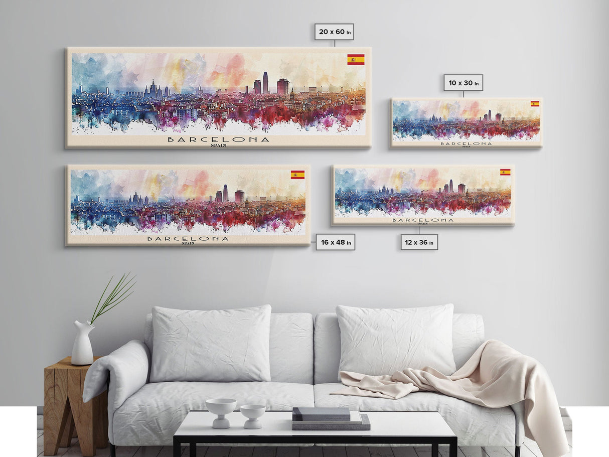 Barcelona Spain Travel Art, City Art, Framed Canvas Print or Metal Wall Art, Europe Travel Poster, Panoramic Wall Art, Extra Wide Wall Art