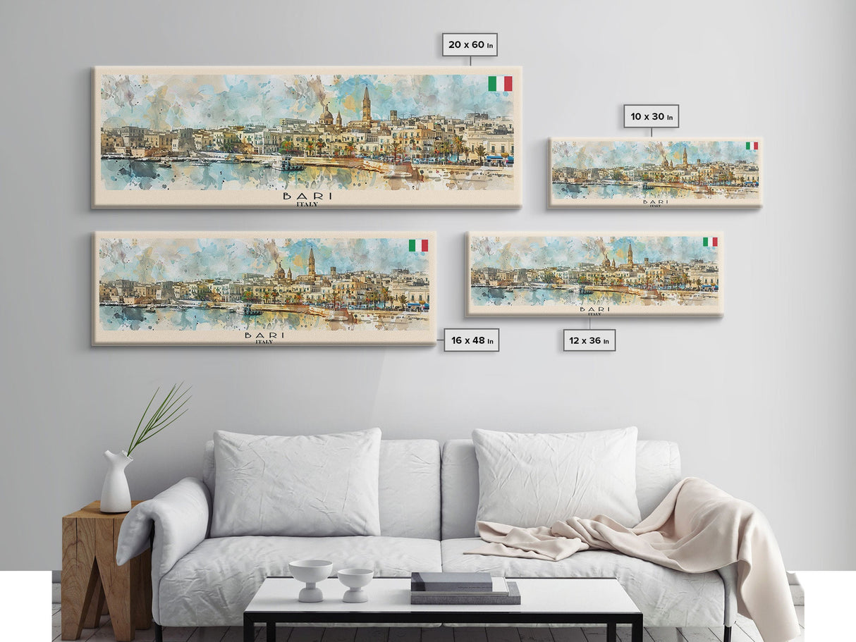 Bari Italy Panoramic Travel Poster, Framed Canvas Print or Metal Wall Art, Travel Art, Home Decor, Panoramic Painting, Midcentury Art