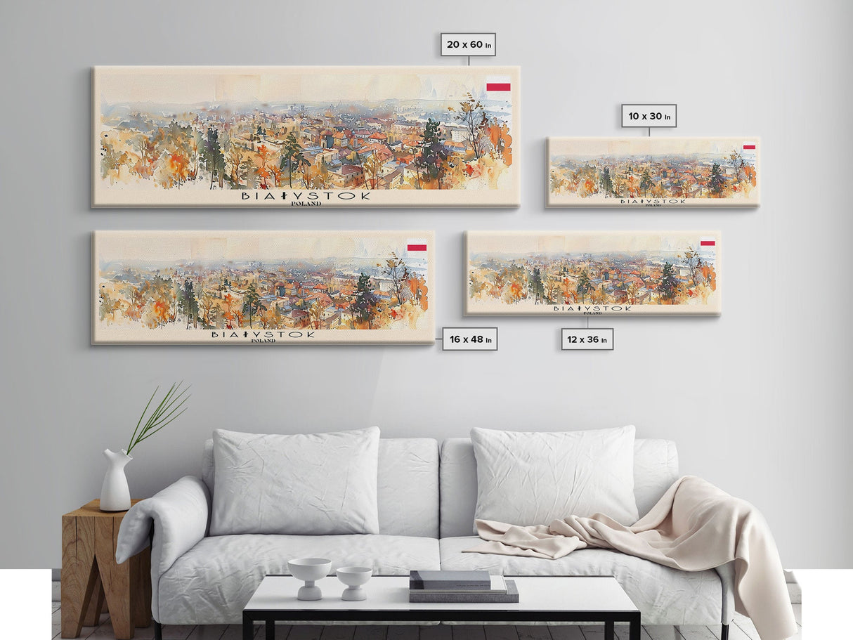 Bialystok Poland Panoramic Travel Poster, Framed Canvas Print or Metal Wall Art, Travel Art, Home Decor, Panoramic Painting, Midcentury Art