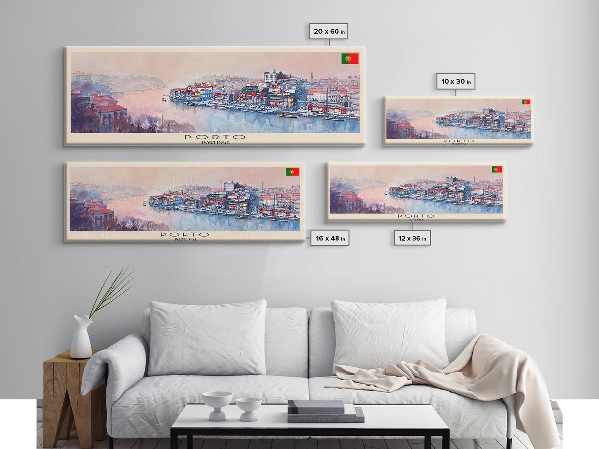 Porto Portugal Panoramic Travel Poster, Framed Canvas Print or Metal Wall Art, Travel Art, Home Decor, Panoramic Painting, Midcentury Art