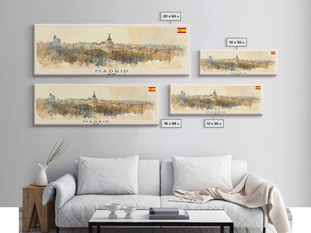 Madrid Spain Panoramic Travel Poster, Framed Canvas Print or Metal Wall Art, Travel Art, Home Decor, Panoramic Painting, Midcentury Art