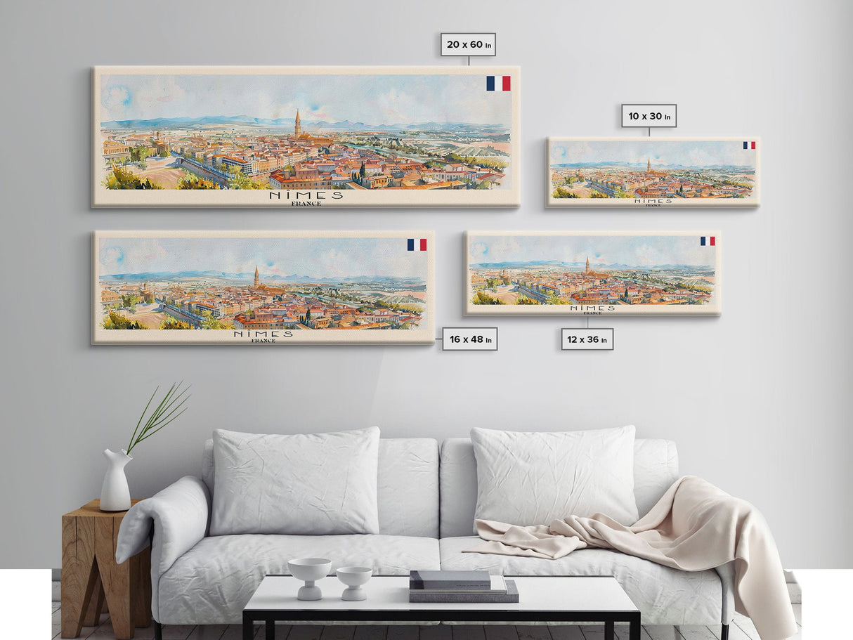 Nimes France Travel Art, City Art, Framed Canvas Print or Metal Wall Art, Europe Travel Poster, Panoramic Wall Art, Extra Wide Wall Art